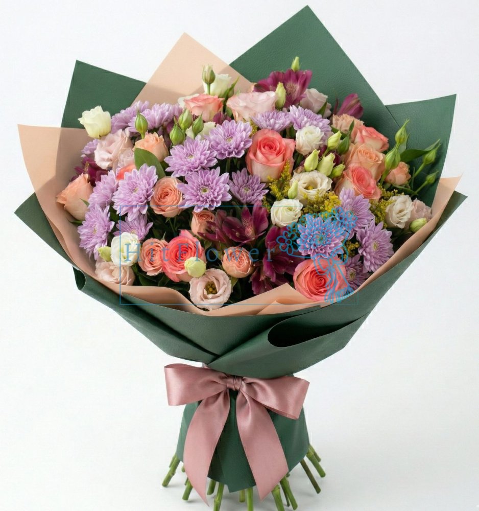 Букет цветов из: Розы, Альстромерии и Хризантемы